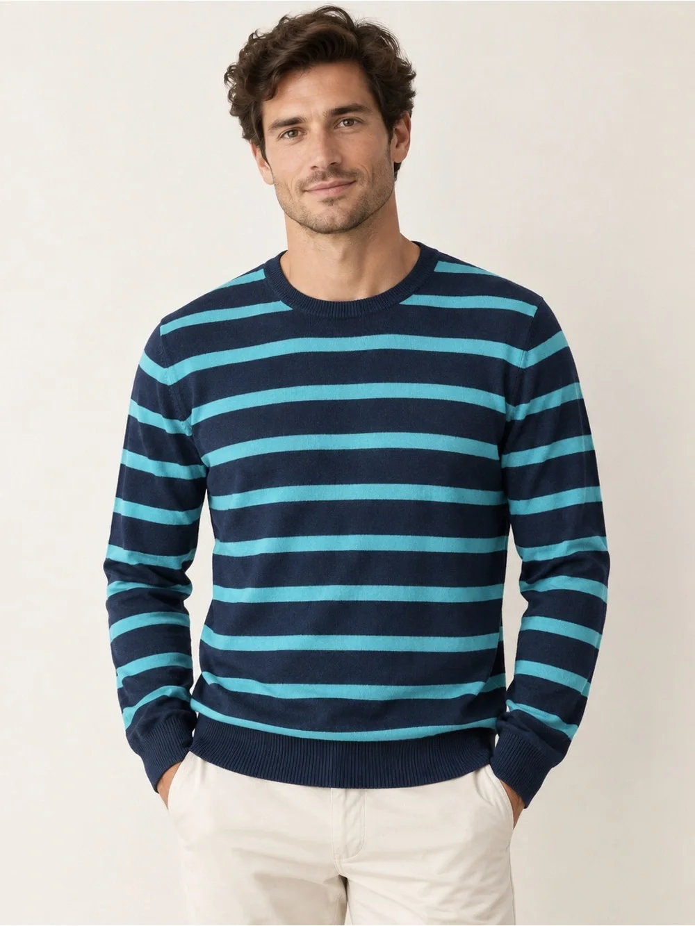 J.Crew Men’s M Cotton Cashmere Striped Crewneck Sweater Navy Turquoise